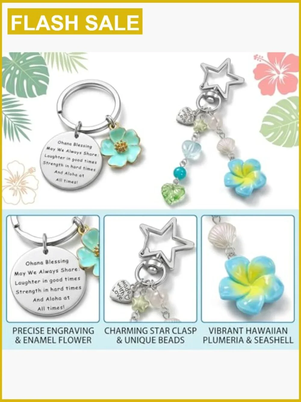 2PCS Hawaii Keychain Set - Hibiscus & Star Clasp - Tropical Keyring